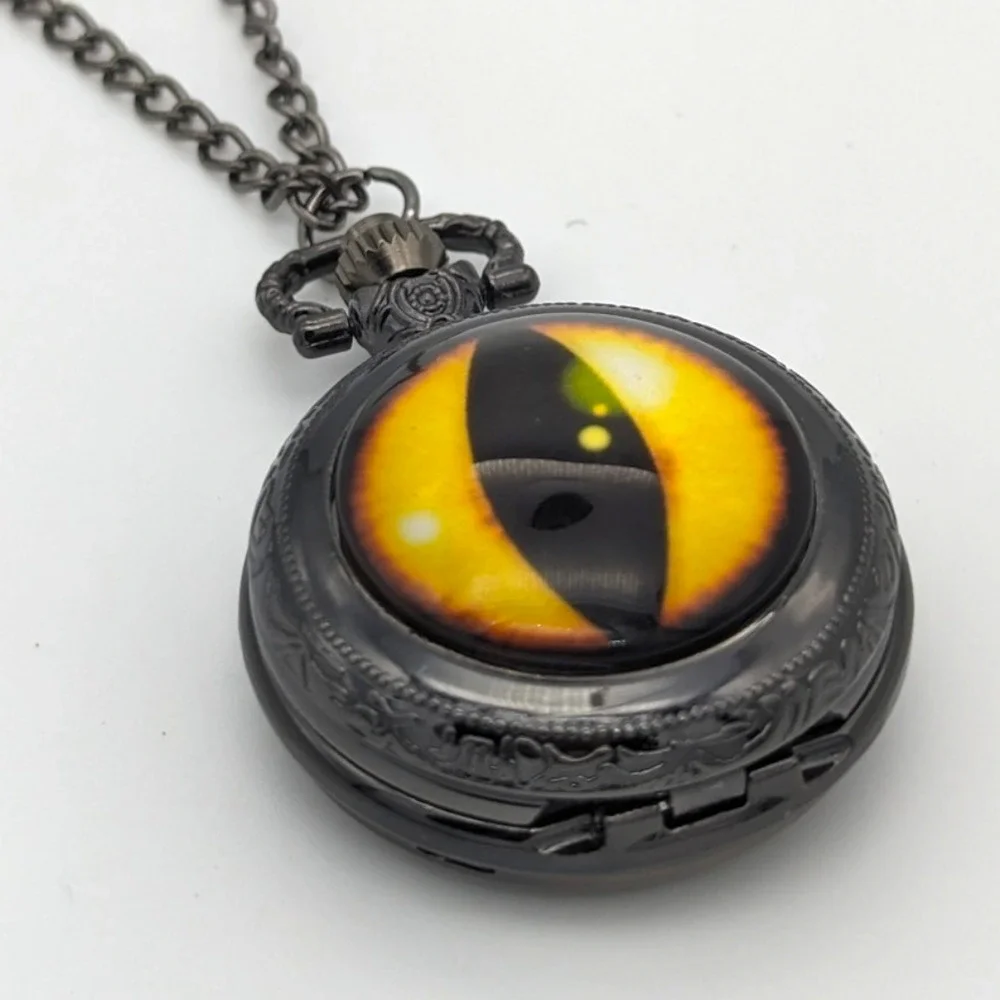 Dragon Eye Pendant Watch NEW Gift Cat Orange Yellow Necklace Pocket Vintage - Picture 6 of 9